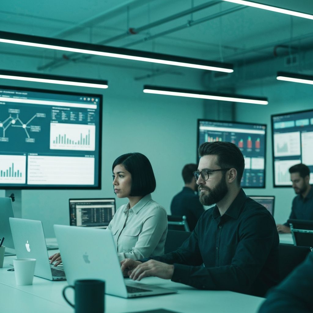 Modern technology office with data dashboards
